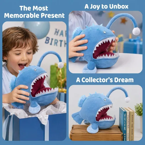 Miniatura 2 de Juguete de peluche de pez pescador – Lindo pez pescador azul de 12 pulgadas, juguetes de peluche real de la vida marina, pez linterna, juguetes