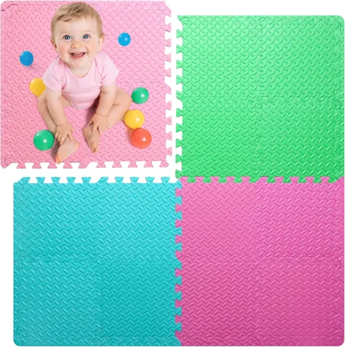 Miniatura 8 de Coolcandy Tapete de juego de espuma para bebé, 16 piezas con tiras de borde, azulejos de piso entrelazados de 4 colores, tapete de piso