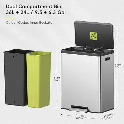 Miniatura 2 de EKO EcoCasa II - Bote de basura doble de 36 L + 24 L con cubo de reciclaje, cubo de basura de acero inoxidable con tapa, compartimento desodorante