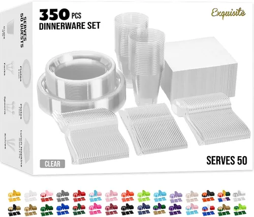 Miniatura 15 de Party Solids 350 Piezas Platos de Plástico Blanco Para Fiestas, Juego de Platos Desechables Blancos, 50 de Cada Juego de Platos para Cena de 9