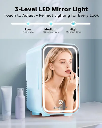 Miniatura 2 de Enventor Mini refrigerador para el cuidado de la piel, refrigerador pequeño para dormitorio, refrigerador de belleza para maquillaje con espejo LED