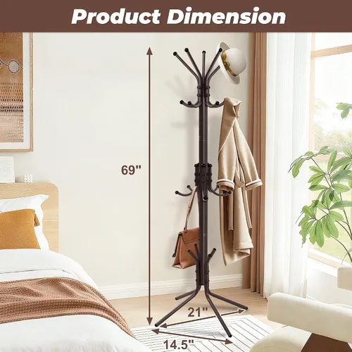 Miniatura 3 de Perchero de metal, árbol de abrigo independiente y árbol de pasillo con 15 ganchos, soporte de abrigo resistente y estante para sombreros, colgador