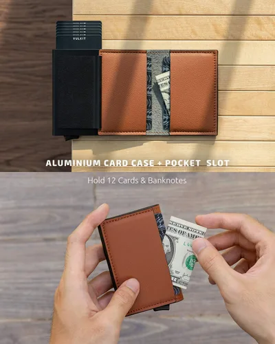 Miniatura 52 de VULKIT Tarjetero RFID Bloqueo de Cuero Automático Pop Up Cartera Aluminio Slim Pocket Tarjeta de Visita