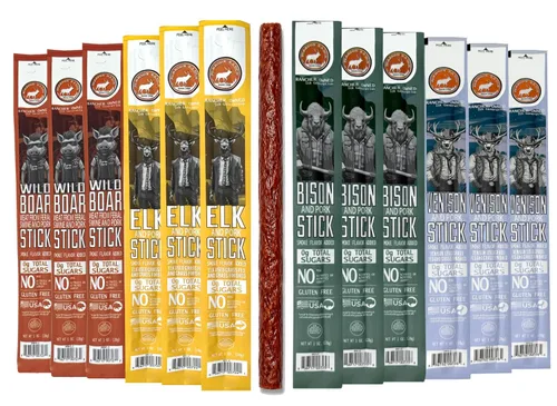 PEARSON RANCH - Variedad de palitos de carne – alce, bisonte, venado, jabalí – Palitos de cecina exóticos, sin nitritos añadidos, aperitivos de