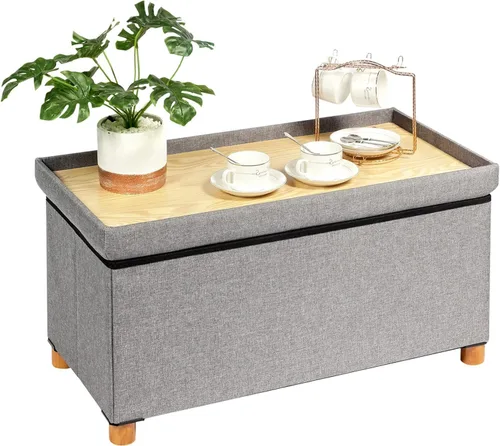 Miniatura 10 de PINPLUS Cubo otomano de almacenamiento, reposapiés de lino blanco con patas de madera, reposapiés de tela plegable, asiento cómodo con tapa, otomana