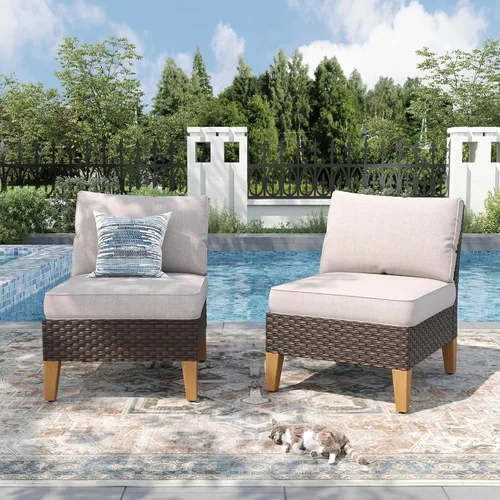 Miniatura 13 de PHI VILLA Otomana de mimbre para patio, 2 piezas, asiento otomano de mimbre para todo tipo de clima, reposapiés para exteriores con cojines