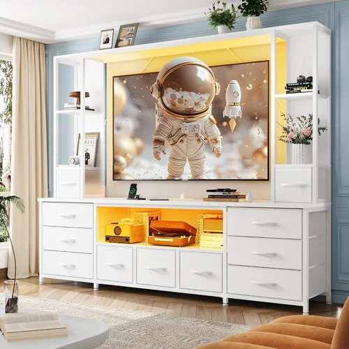 Miniatura 9 de EnHomee Soporte de TV de 65 pulgadas para sala de estar, gran centro de entretenimiento con 11 cajones de tela, 2 luces LED y tomas de corriente