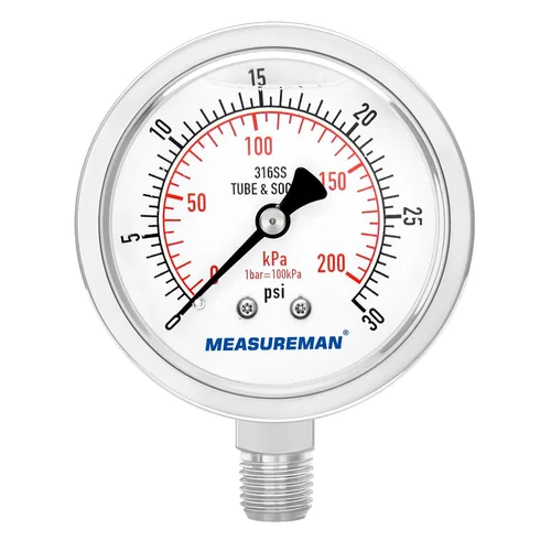 Miniatura 44 de MEASUREMAN - Manómetro de presión 1/4 NPT, manómetro de presión lleno de glicerina 0-100psi/kPa con esfera de 2.5 pulgadas y caja de acero