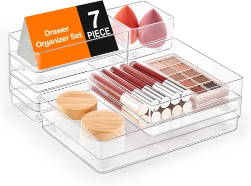 SMARTAKE Organizador de cajones de 7 piezas con almohadillas de silicona antideslizantes, bandeja organizadora de cajones de escritorio de 4