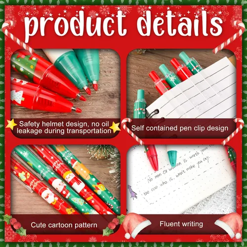 Miniatura 3 de Leinuosen 48 piezas de bolígrafos de Navidad a granel lindos bolígrafos retráctiles de tinta de gel de color rojo y verde, diseño de renos y árbol