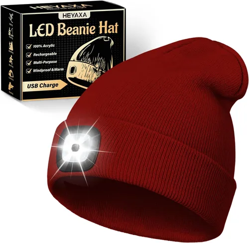 Miniatura 15 de HEYAXA Gorro LED unisex con luz, gorro con linterna frontal recargable, rellenos para calcetines, regalos de Navidad para hombres, gorro tejido