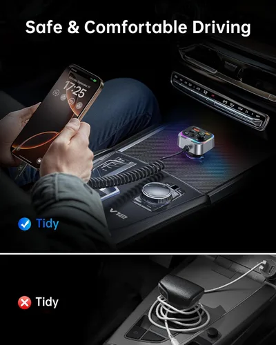 Miniatura 7 de Syncwire Transmisor FM Bluetooth 5.4 Adaptador de coche 66 W PD y QC 3.0 de carga rápida con cable USB-C, adaptador de radio inalámbrico con control