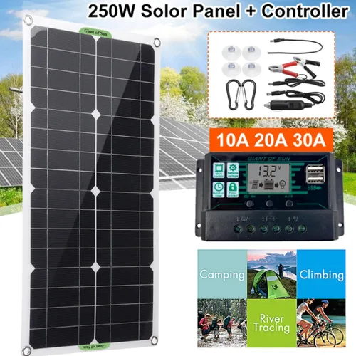 Miniatura 2 de Diydeg Kit de panel solar, módulo fotovoltaico totalmente monocristalino de 250 W, kit de inicio de panel solar con controlador PWM de 10 A, 12 V