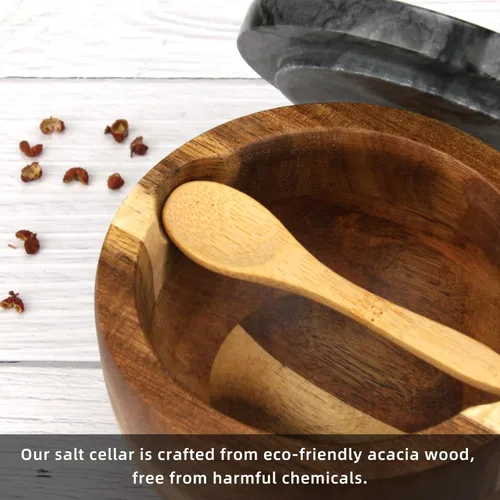 Miniatura 5 de Caja de Sal de Madera con Tapa de Mármol y Cuchara, Moderno Recipiente de Piedra Negra para Sal o Pimienta Azúcar Especias Condimentos, Contenedor