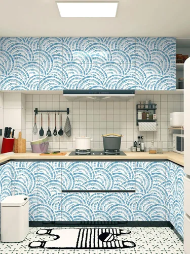 Miniatura 5 de Toduso Papel tapiz geométrico de 17.3 x 196.8 pulgadas, papel tapiz para despegar y pegar, papel de pared de círculo azul blanco y azul, papel