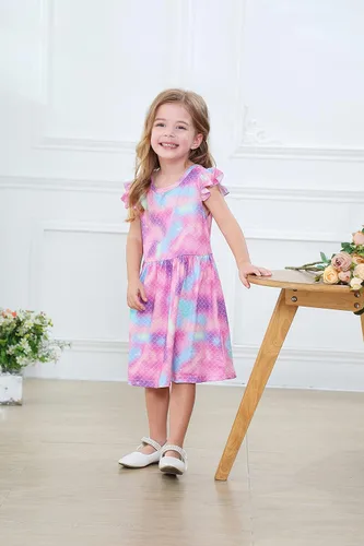Miniatura 7 de Vestido de unicornio casual con mangas con vuelo para niñas pequeñas, vestido de verano para fiesta de cumpleaños, vestidos de verano de 1 a 8 años