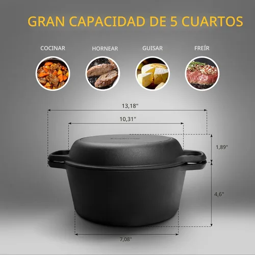 Miniatura 3 de EDGING CASTING Olla holandesa de hierro fundido pre-curada 2 en 1 con tapa de sartén para cocinar, juego de sartenes de hierro fundido con asas
