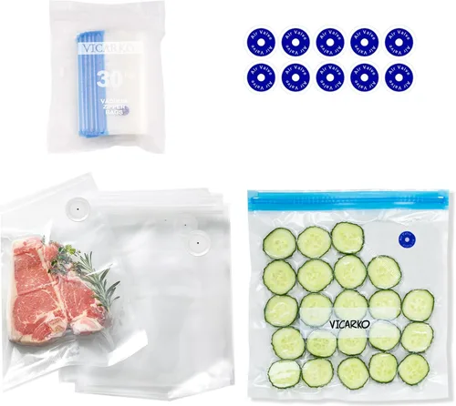 Miniatura 7 de VICARKO 30 bolsas con cremallera al vacío, bolsas selladoras al vacío, almacenamiento de alimentos, bolsas reutilizables, con doble capa, sin BPA