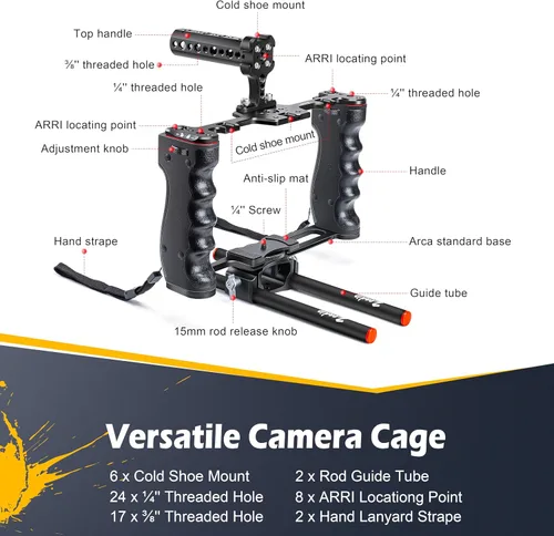 Miniatura 6 de Zeadio Jaula de Soporte para Cámara de Video, Kit de Filmación de Aleación de Aluminio con Mango Superior y Base Tipo Arca y Dos Guías de Varilla