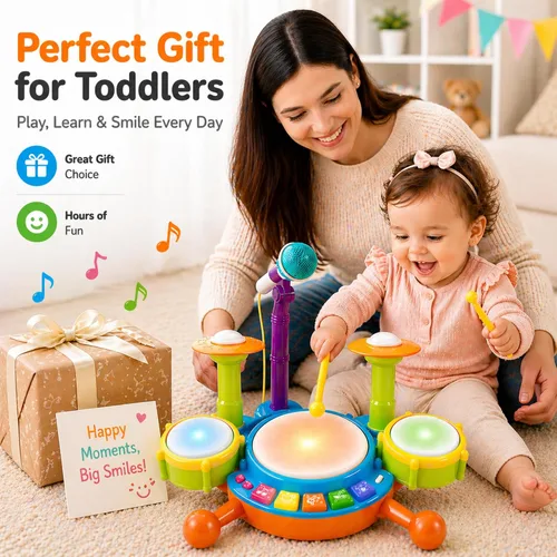 Miniatura 6 de Juego de batería para niños pequeños de 1 a 3 años, batería para bebés de 1 año con micrófono con luz, juguetes de batería para niños pequeños de 1
