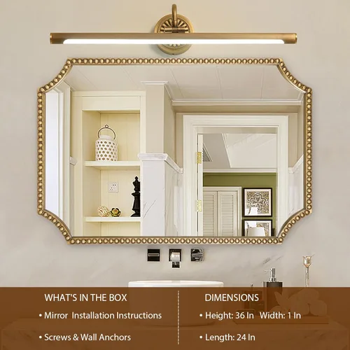 Miniatura 2 de Espejo de pared de 24 x 36 pulgadas, espejo decorativo rectangular de esquinas festoneadas, marco de cuentas de metal, decoración de pared para Oro