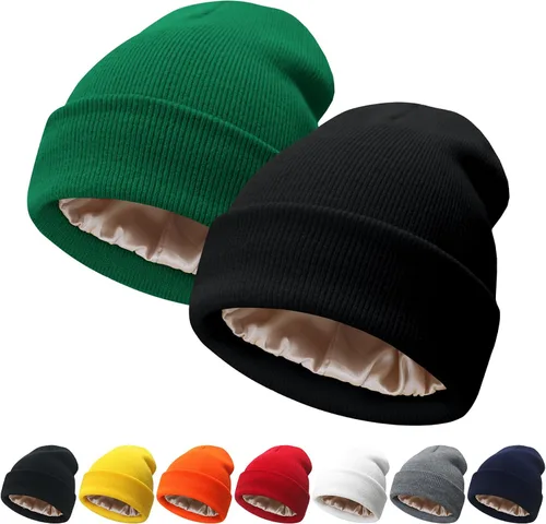 Miniatura 8 de NPQQUAN 2 PCS Satin Lined Beanie for Women Silk Lined Beanies Winter Warm Soft Lining Cuffed Knit Beanie Hats for Women
