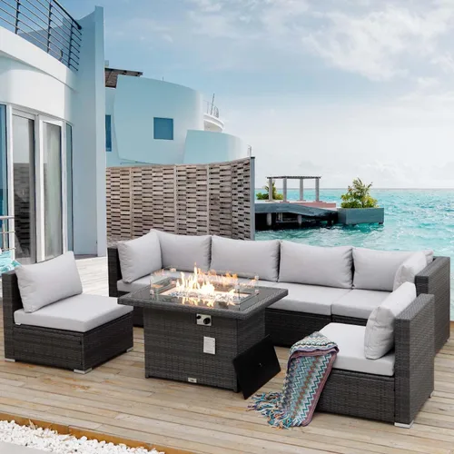 Miniatura 12 de NICESOUL Juego de muebles de patio modernos y extra grandes de 7 piezas con hoguera, cómodos juegos modulares para 6 personas para exteriores, sofá