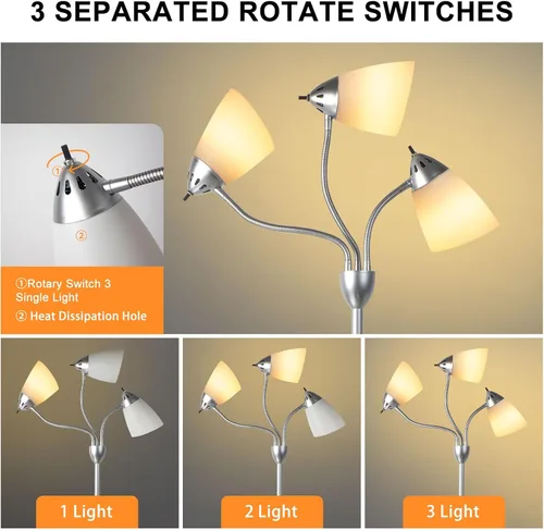 Miniatura 3 de Lámpara de pie moderna DLLT para habitación: lámparas de pie de cuello de ganso flexibles de 3 luces en plata para sala de estar, dormitorio