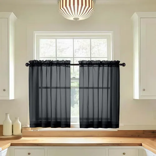 LIVEKID Cortinas traslúcidas negras de cocina de 36 pulgadas de largo, cortinas cortas filtrantes de luz, 2 paneles de gasa aireada, texturizadas,