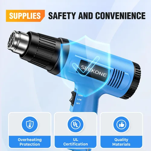 Miniatura 4 de Seekone Pistola de calor, kit de pistola de aire caliente de 1800 W de alta resistencia, configuración de temperatura dual 299℃ y 599℃, pistola