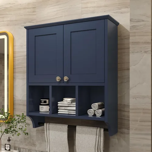 Miniatura 5 de Armario de pared para baño, montado en la pared con toallero y 6 estantes, organizador de almacenamiento sobre el inodoro, botiquín de 2 puertas