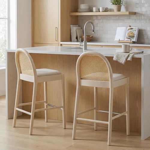 Miniatura 15 de DUOMAY Juego de 2 taburetes de mostrador modernos de ratán beige, 26 pulgadas de altura - Taburetes de bar de madera tapizados en lino con respaldo