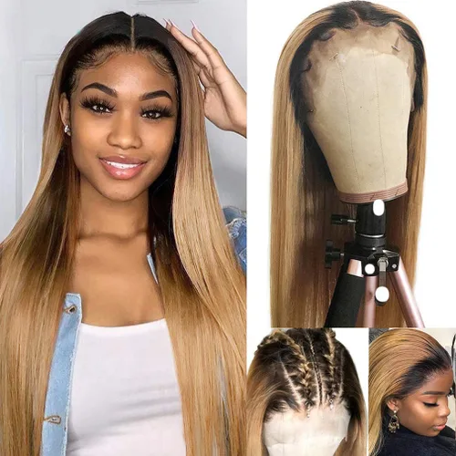 Miniatura 2 de Peluca rubia lacia con cabello humano de 26 pulgadas, tono degradado #1B/27, 150% densidad, encaje frontal de 13 x 6, color rubio miel castaño y 2