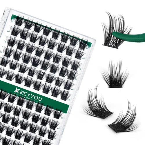 Miniatura 102 de KEYYOU Racimos de pestañas, 96 piezas de extensiones de pestañas DIY, rizado D de 16 mm, negro, realista, no irritante, fácil de colocar en casa