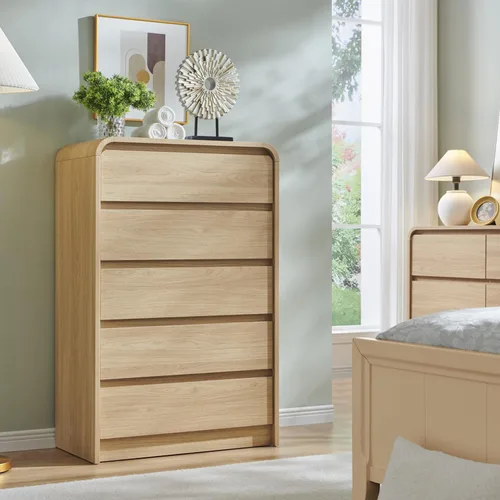 Miniatura 3 de Aitjunz Cómoda moderna de 5 cajones para dormitorio, 114 cm de altura con diseño de perfil curvo, cómoda vertical de madera estilo mediados de siglo