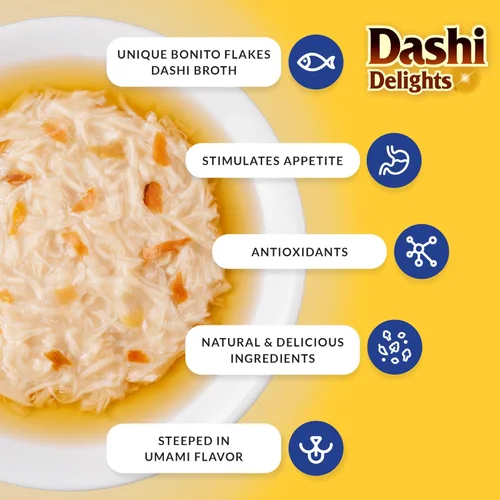 Miniatura 2 de INABA Dashi Delights para gatos, guarnición de pollo desmenuzado con caldo de hojuelas de bonito, complemento de comida para gatos con taurina
