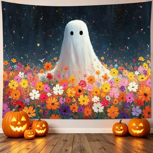 Miniatura 19 de HVEST Tapiz de Halloween para colgar en la pared, esqueleto de terror, cráneo, cementerio, calabaza, farol, bosque muerto, tapiz nocturno