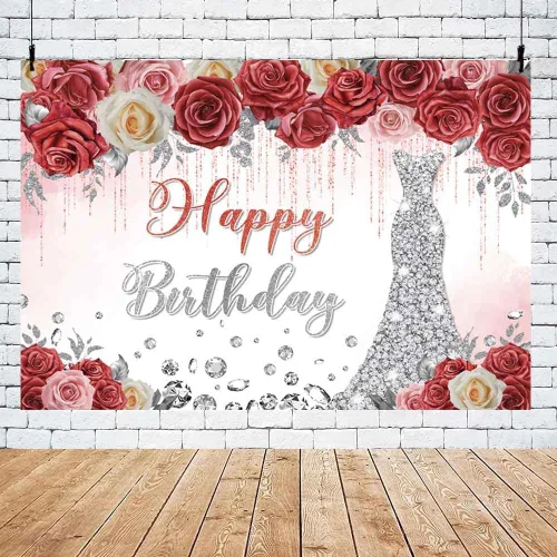 Miniatura 5 de AIBIIN Telón de fondo de feliz cumpleaños de 7 x 5 pies, vestido plateado floral rojo, fondo de fotografía, goteando purpurina de cristal plateado