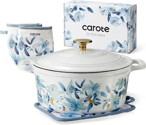 Miniatura 12 de CAROTE Sartén de hierro fundido esmaltado de 3.5 cuartos de galón, sartenes florales poco profundas para horno holandés, olla de hierro fundido