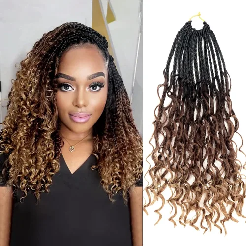 Miniatura 117 de Goddess Box Braids - Trenzas de cabello a ganchillo con extremos rizados, trenzas de caja bohemianas de 16 pulgadas, trenzas de ganchillo, 8 1B-4-30