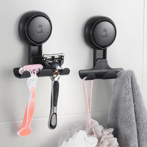 Miniatura 11 de LEVERLOC Soporte para maquinilla de afeitar para ducha, paquete de 2, potentes ganchos de ducha con ventosa para toalla, esponja vegetal, maquinilla
