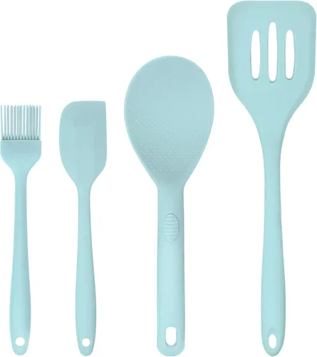 Miniatura 25 de Juego de 4 utensilios de silicona – Espátula de goma, cepillo de repostería, espátula ranurada y paleta de arroz – Juego completo resistente al Rosa