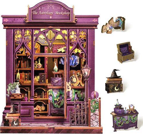 Miniatura 19 de Cutefun - Kit de rincón de libros - Kit de casa en miniatura DIY para adultos y adolescentes, kit de rompecabezas de madera 3D en miniatura con LED