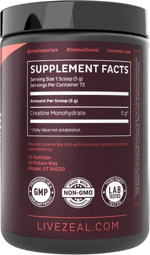 Miniatura 8 de Zeal - Monohidrato de creatina micronizada en polvo Creatina pura sin sabor 0.18 oz por porción, 72 porciones Apoya el crecimiento muscular