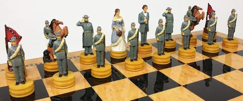 Miniatura 6 de Juego de ajedrez de reinas de la guerra civil estadounidense con tablero de almacenamiento de color nogal y arce de 17 pulgadas de alto brillo