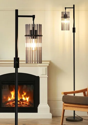 Lámparas de pie industriales modernas para sala de estar, lámparas altas de cristal regulables con 3 elegantes cabezales de jaula de lágrima y