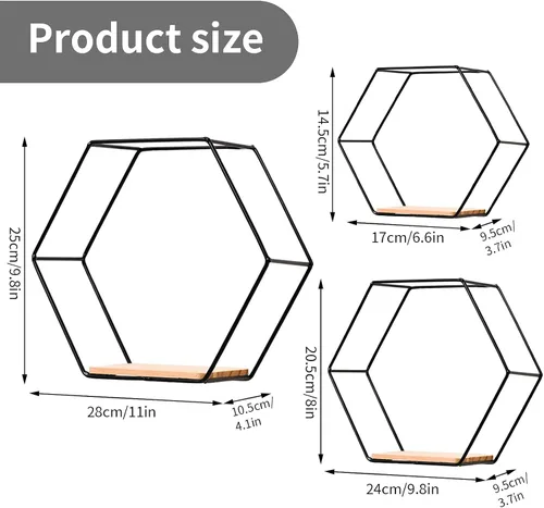Miniatura 2 de Estantes flotantes hexagonales montados en la pared, juego de 3 en diferentes tamaños, estante de pared de metal moderno, estantes de almacenamiento