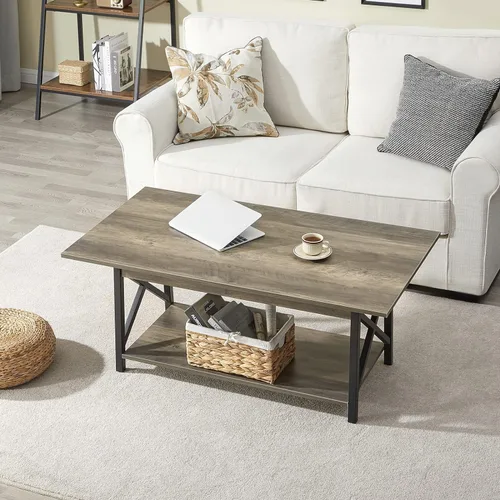 Miniatura 7 de Mesa de café GreenForest con almacenamiento, mesas de centro modernas de 2 niveles de 39 pulgadas para sala de estar, mesa de centro de diseño Gris