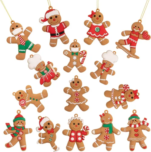 Whaline Juego de 15 adornos de Navidad de pan de jengibre de 2 x 3 pulgadas, figuras colgantes para árbol de Navidad, temporada festiva, decoración