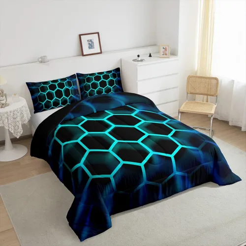 Miniatura 2 de Juego de ropa de cama individual de panal para niños y niños, color negro, verde azulado, azul, hexagonal, geométrico, patrón de colmena, edredón